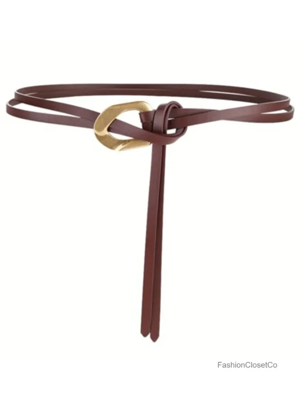 Women Double Strap Leather Belt Gold Buckle Retro Skinny Waist Belt with Tie